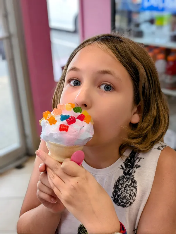 Cotton candy icecream with gummy bears! Yuck